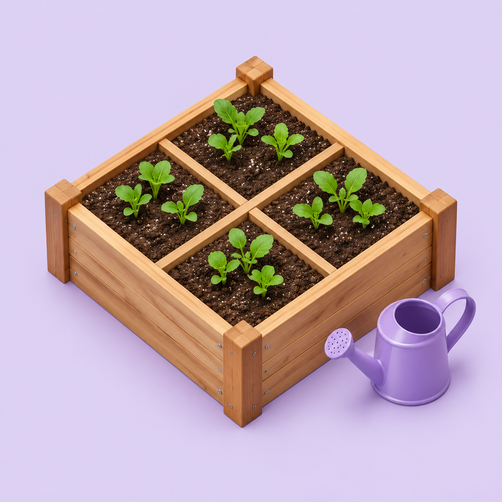 Wooden garden plot with seedlings and a purple watering can
