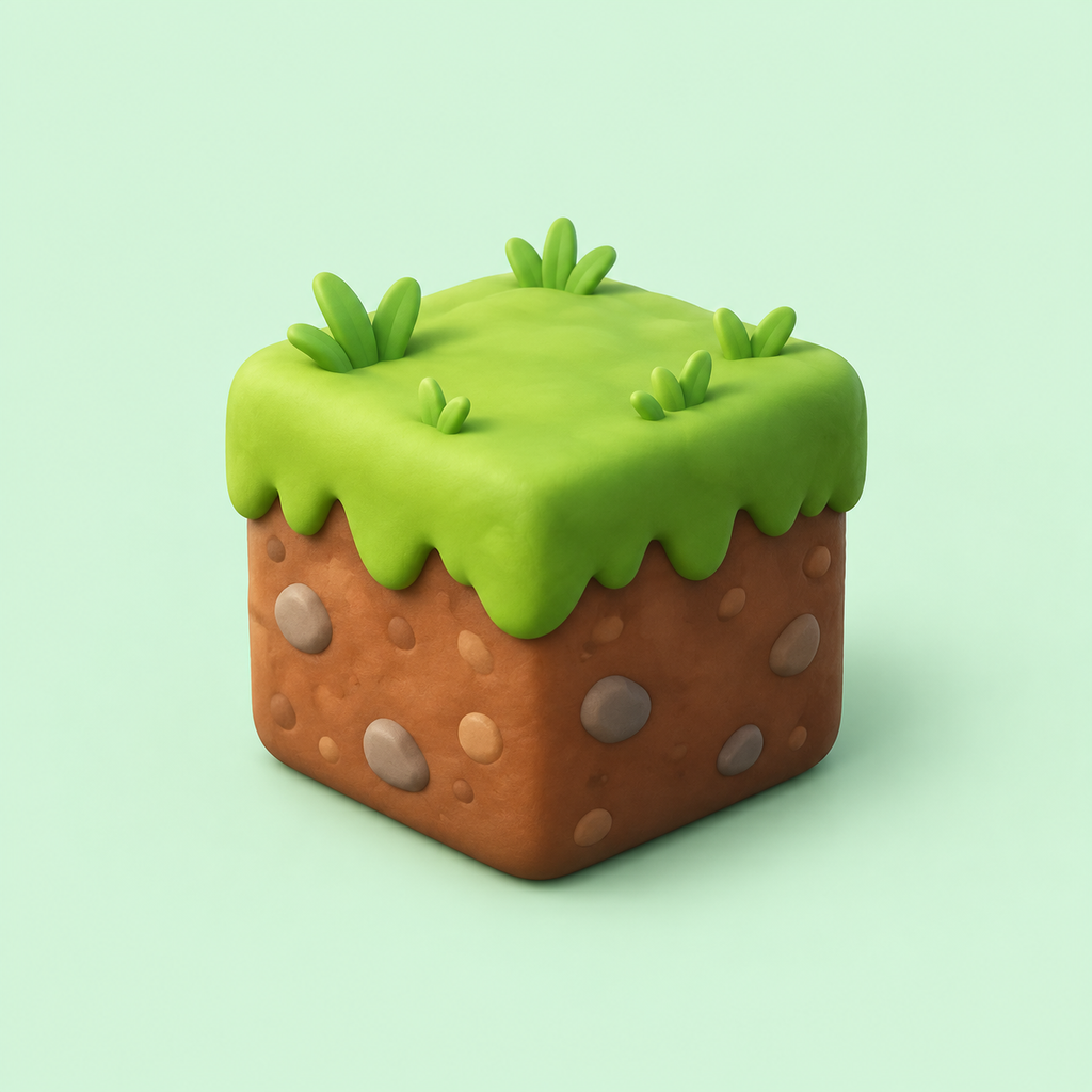Grass-topped dirt block in a soft Minecraft style